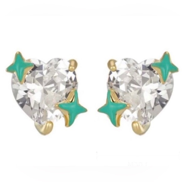 “Love You to the Stars” Clear Swarovski Heart Crystal 14K Green Bethlehem Studs - Picture 3 of 4